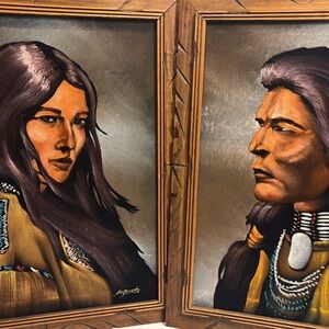 Vtg 70’s Indian Warrier & Squaw oil on Black Velvet South Western Decor Cabin